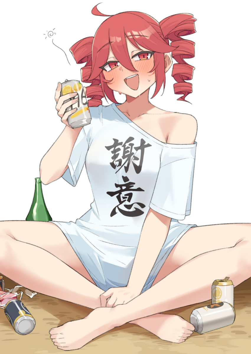 1girl ahoge alternate_costume barefoot blush bottle breasts can clothes_writing collarbone commentary_request drill_hair full_body gukr4322 highres holding holding_can indian_style kasane_teto looking_at_viewer open_mouth red_eyes red_hair saliva shirt simple_background single_off_shoulder sitting smile solo squeans sweat t-shirt twin_drills utau white_background white_shirt