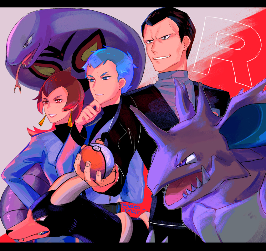 1girl 2boys arbok archer_(pokemon) ariana_(pokemon) black_jacket blue_hair commentary_request delta_nonbiri earrings gen_1_pokemon gen_2_pokemon giovanni_(pokemon) hand_up holding holding_poke_ball houndoom jacket jewelry long_hair long_sleeves looking_down multiple_boys nidoking nintendo parted_lips poke_ball poke_ball_(basic) pokemon pokemon_(creature) pokemon_hgss red_hair short_hair smile smirk team_rocket team_rocket_uniform tongue tongue_out