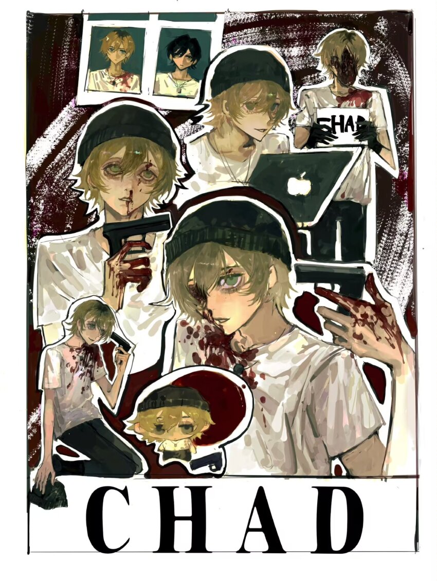 1boy apple_inc. bag bags_under_eyes beanie black_gloves black_hair blonde_hair blood blood_on_clothes blood_on_face blood_on_hands blood_splatter blue_eyes border c1grhin computer english_text faceless gloves gouged_eye grin gun gun_to_head hair_between_eyes handgun hat highres holding holding_bag holding_gun holding_sign holding_weapon laptop looking_at_viewer male_focus multiple_views nosebleed original photo_(object) seiza shirt sign sitting smile weapon white_border white_shirt