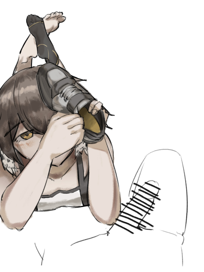 1girl absurdres arknights barefoot brown_hair feet highres looking_at_viewer lying medium_hair on_stomach operatorut plume_(arknights) shoes soles toes unworn_shoes yellow_eyes