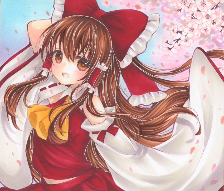 1girl :d absurdres ascot blush bow brown_eyes brown_hair cherry_blossoms commentary_request detached_sleeves frilled_bow frilled_hair_tubes frilled_shirt_collar frills hair_bow hair_tubes hakurei_reimu highres long_hair looking_at_viewer open_mouth petals red_bow red_shirt red_skirt ribbon-trimmed_sleeves ribbon_trim shirt sidelocks skirt skirt_set smile solo touhou traditional_media very_long_hair yellow_ascot yuuki_hana_(jtnp5334)