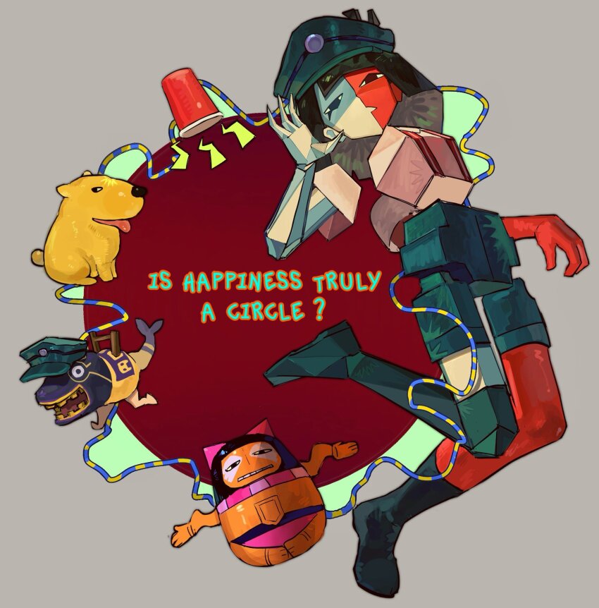 1girl animal ankle_socks aqua_shorts asliatvt asymmetrical_legwear black_hair black_socks blunt_bangs blunt_ends colored_skin creature dog ena:_dream_bbq ena_(dream_bbq) ena_(series) ena_(species) english_text fish_(ena) floating_arms floating_head floating_torso full_body green_hat grey_background hand_up hat highres hourglass_dog if_happiness_is_a_circle_(meme) leg_up looking_at_viewer low_poly matryoshka_doll meme multicolored_skin peaked_cap red_skin salesperson_ena short_hair shorts shout_lines sidelocks socks split-color_skin string string_phone suspenders theodora_(ena) thighhighs two-tone_skin white_skin