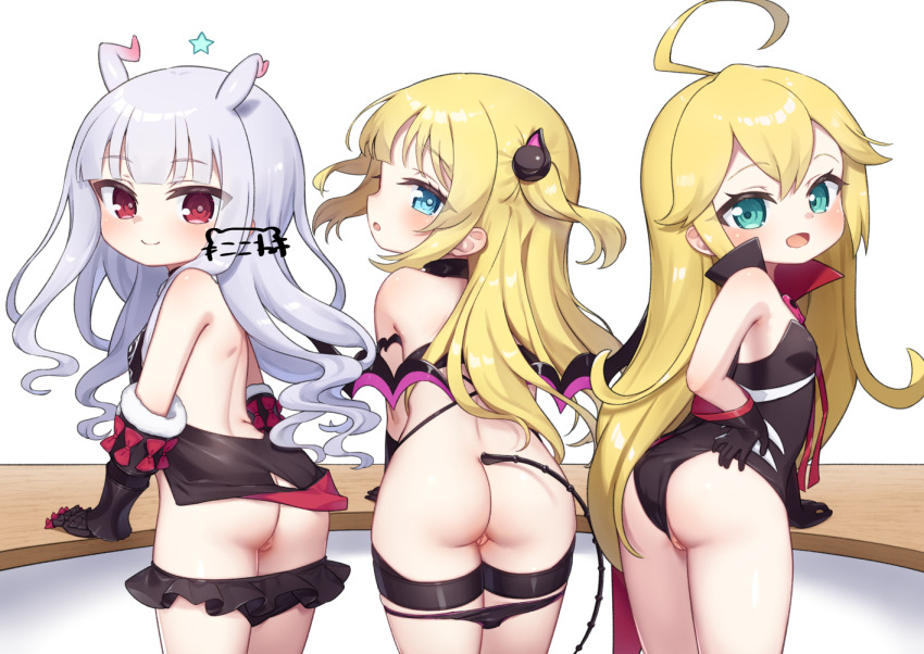 3girls :d ahoge ass bikini bikini_bottom_pull bikini_skirt black_bikini black_gloves black_leotard black_tail blonde_hair blue_eyes boku_wa_tomodachi_ga_sukunai cleft_of_venus closed_mouth clothing_aside commentary_request commission crossover demon_tail doronjo from_behind gloves green_eyes grey_hair hasegawa_kobato hoshimiya_kate huge_ahoge kokone_(coconeeeco) leopard_(yatterman) leotard leotard_aside loli long_hair looking_back multiple_girls naruse_maria open_mouth paid_reward_available pussy red_eyes sekai_seifuku:_bouryaku_no_zvezda shinmai_maou_no_testament skeb_commission smile strapless strapless_leotard swimsuit tail time_bokan_(series) trait_connection two_side_up uncensored venera-sama yatterman yoru_no_yatterman