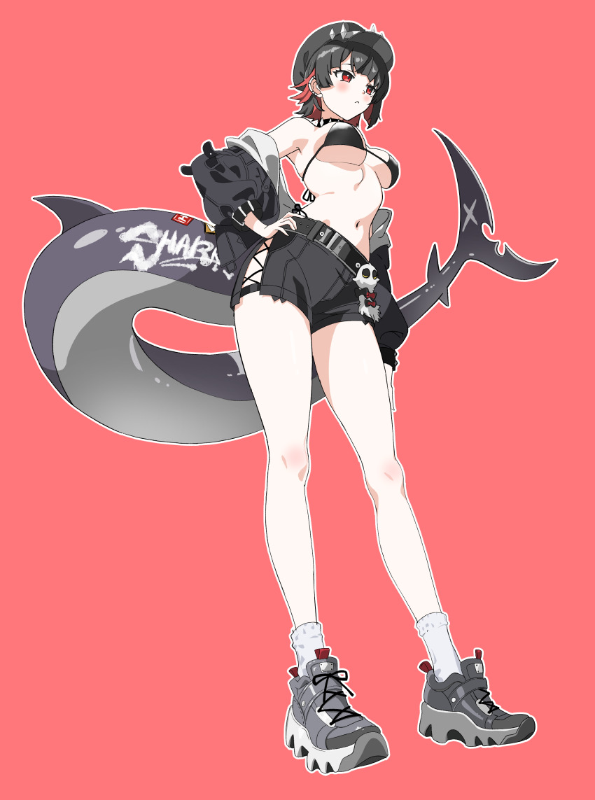 1girl absurdres belt bikini black_belt black_bikini black_hair black_hat black_jacket black_shoes black_shorts black_tail breasts closed_mouth commentary_request ellen_joe fins fish_tail hand_on_own_hip hat highres jacket large_breasts matsuokalive10 mole mole_under_eye navel red_background red_eyes shark_tail shoes short_hair shorts simple_background sneakers solo standing stomach swimsuit tail thighs zenless_zone_zero