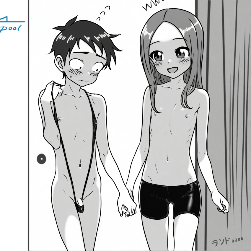1boy 1girl absurdres adjusting_clothes adjusting_swimsuit androgynous artist_name bare_arms bike_shorts bikini blush bulge cameltoe collarbone cosplay costume_switch couple covered_erect_nipples crossdressing crossdressing_(ftm) crossdressing_(mtf) curtains embarrassed exhibitionism female_pervert flaccid flat_chest flying_sweatdrops forehead greyscale highres hip_bones holding_hands karakai_jouzu_no_takagi-san lander0808 legs loli long_hair looking_at_another looking_to_the_side male_swimwear male_swimwear_challenge medium_hair micro_bikini monochrome navel nipple_slip nipples nishikata parted_bangs penis penis_peek pervert public_indecency revealing_clothes ribs short_hair shorts shota skinny slingshot_swimsuit small_penis smile standing stomach straight-on straight_hair sweatdrop swim_trunks swimsuit takagi-san tareme testicles thighs topless_female trap watermark wide-eyed