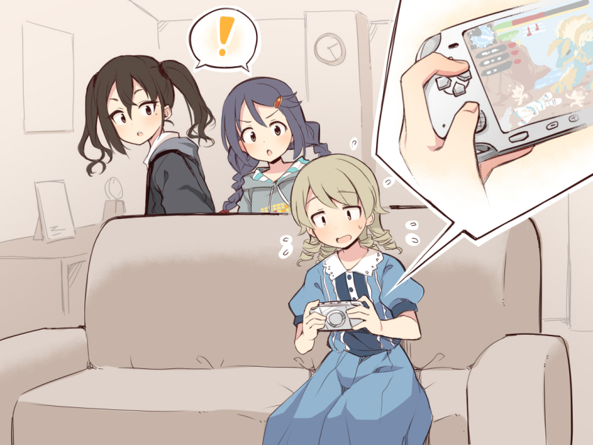 ! 3girls black_hair black_jacket blue_dress braid brown_eyes brown_hair collared_dress commentary_request couch drawstring dress flying_sweatdrops grey_hoodie hair_ornament hairclip handheld_game_console hood hood_down hooded_jacket hoodie idolmaster idolmaster_cinderella_girls jacket long_hair long_sleeves miyoshi_sana monster_hunter_(series) morikubo_nono multiple_girls on_couch playstation_portable puffy_long_sleeves puffy_sleeves ringlets shared_speech_bubble sitting speech_bubble spoken_exclamation_mark sunazuka_akira twin_braids twintails uccow