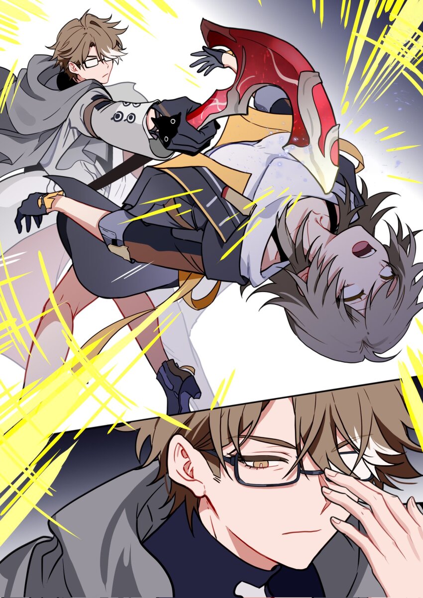 1boy 1girl adjusting_eyewear black-framed_eyewear black_gloves black_skirt blank_eyes bright_pupils brown_eyes brown_hair cane closed_mouth coat glasses gloves grey_coat grey_hair grey_scarf hair_between_eyes highres holding holding_cane honkai:_star_rail honkai_(series) knockout long_sleeves multicolored_hair opaque_glasses open_mouth partially_opaque_glasses rectangular_eyewear scarf serious short_hair sideburns skirt stelle_(honkai:_star_rail) streaked_hair trailblazer_(honkai:_star_rail) two-tone_hair welt_yang white_hair white_pupils yuelinpanp98413