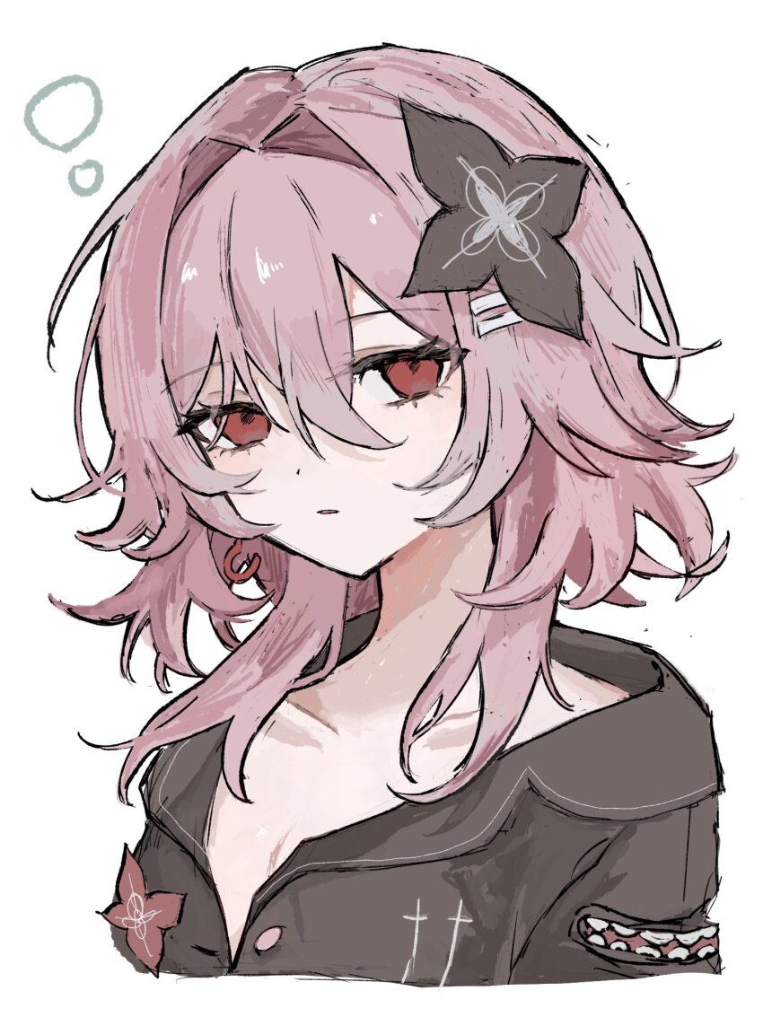 1girl black_flower breasts cleavage earrings evernight_(honkai:_star_rail) flower hair_between_eyes hair_flower hair_ornament hairclip highres honkai:_star_rail honkai_(series) jacket jewelry march_7th_(honkai:_star_rail) medium_hair parallel_hairclips parted_lips pink_hair red_eyes single_earring umumum_94 upper_body white_background