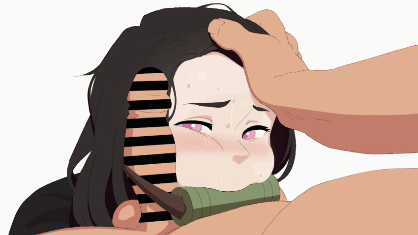 1boy 1girl animated animated_gif bar_censor black_hair censored cheek_squash female_focus gag gagged hand_on_another's_head kamado_nezuko kimetsu_no_yaiba loli medium_hair penis penis_on_face pink_eyes simple_background size_difference tagme tnkxxx white_background