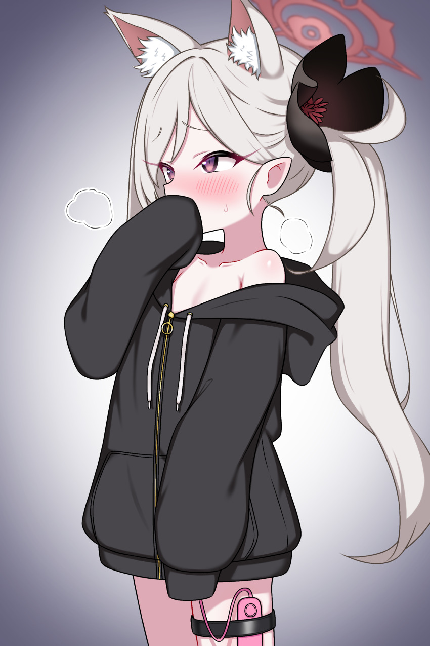 1girl absurdres alternate_costume animal_ear_fluff animal_ears blue_archive blush cat_ears collarbone covering_own_mouth cowboy_shot flower gradient_background grey_background grey_hair hair_flower hair_ornament halo hand_up highres hood hood_down hooded_jacket jacket kemonomimi_mode loli long_hair long_sleeves mutsuki_(blue_archive) naked_jacket pointy_ears purple_eyes red_halo remote_control_vibrator sex_toy side_ponytail simple_background sleeves_past_fingers sleeves_past_wrists solo thigh_strap vibrator vibrator_cord vibrator_in_thigh_strap zing_(z_z_zing)