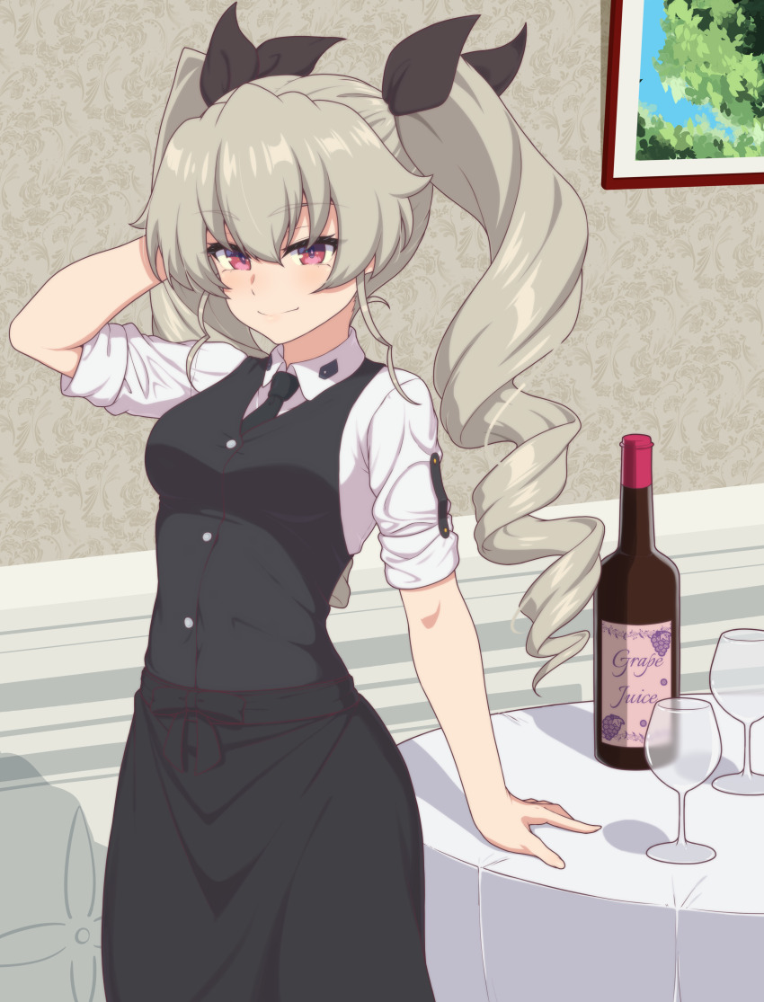 1girl absurdres ada_badguy anchovy_(girls_und_panzer) arm_support black_necktie blush bottle breasts closed_mouth commentary_request cup drill_hair drinking_glass girls_und_panzer green_hair hair_ribbon highres indoors long_hair looking_at_viewer medium_breasts necktie red_eyes ribbon smile solo twin_drills twintails waitress wine_bottle wine_glass