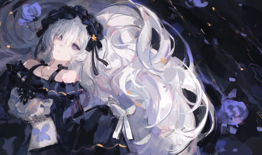 1girl absurdres bare_shoulders blue_dress blue_hairband chinese_commentary closed_mouth commentary_request dress hair_over_one_eye hair_spread_out hairband highres lolita_fashion lolita_hairband long_hair long_sleeves looking_at_viewer lying mahou_shoujo_no_majo_saiban natsume_an-an on_back purple_eyes sleeves_past_fingers sleeves_past_wrists solo very_long_hair white_hair yaoyuandehuanxiangting