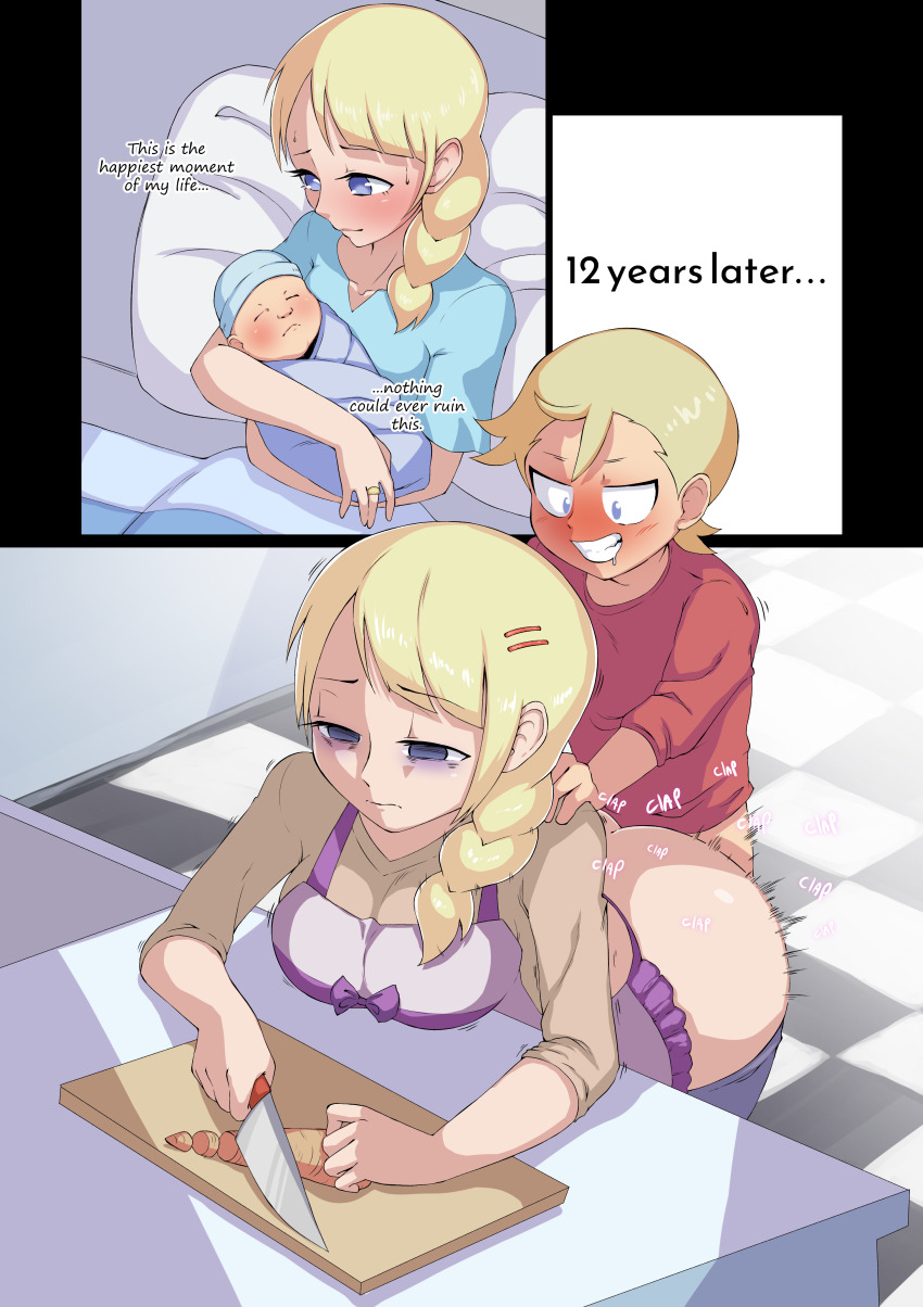 1boy 1girl absurdres age_difference apron ass asymmetrical_bangs baby bad_end bags_under_eyes before_and_after bent_over blanket blonde_hair blue_eyes blush bow carrot carrying carrying_baby carrying_person checkered_floor chromodomo closed_mouth clothes_pull cutting_board drooling emotionless_sex empty_eyes english_text grin hair_ornament hair_over_shoulder hairclip hetero highres holding holding_knife incest kitchen knife mother_and_son motion_lines nose_blush original panels pants pants_pull pillow ponytail purple_apron purple_bow sex shota sidelocks smile sound_effects sweat teeth tile_floor tiles unhappy_sex