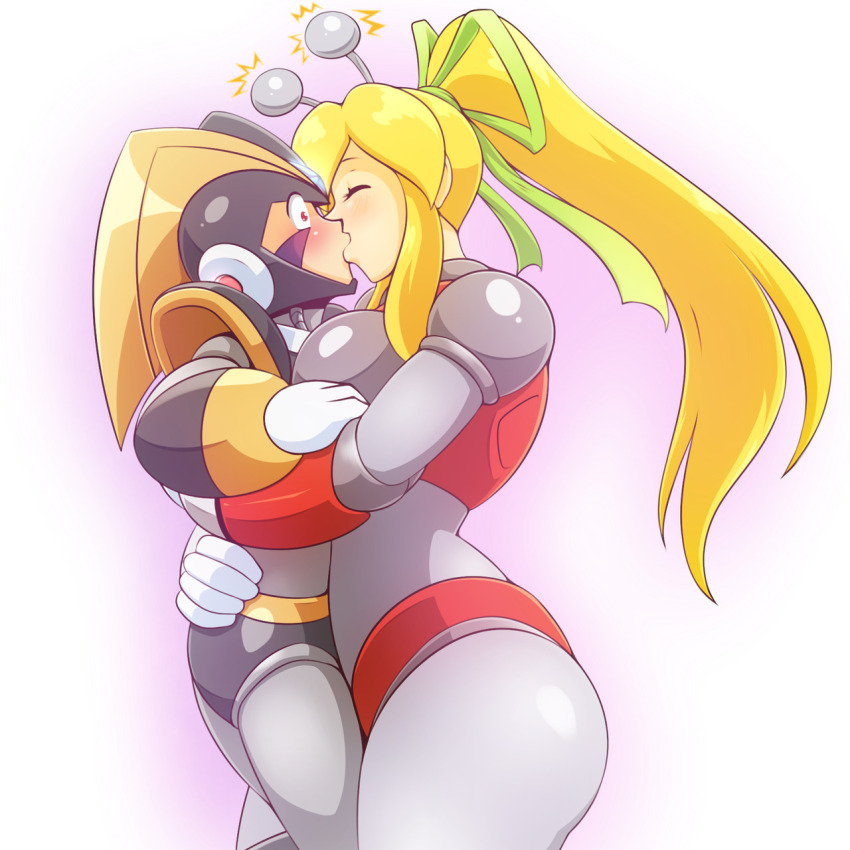 1girl antennae armor armored_boots arms_up bass_(mega_man) bikini_armor blonde_hair blue_eyes blurry blurry_background blush boots breasts carrying carrying_person commentary covered_navel english_commentary from_side green_ribbon hair_ribbon hairband headphones highres hug hyper_roll_(marvel_vs._capcom) joints kiss knee_boots knee_pads large_breasts long_hair looking_at_viewer marvel_vs._capcom mechanical_arms mechanical_boots mechanical_legs mega_man_(classic) mega_man_(series) navel ponytail radio_antenna red_armor ribbon robot robot_girl robot_joints roll_(mega_man) shoulder_armor sidelocks simple_background smile solo twitchystitch white_background