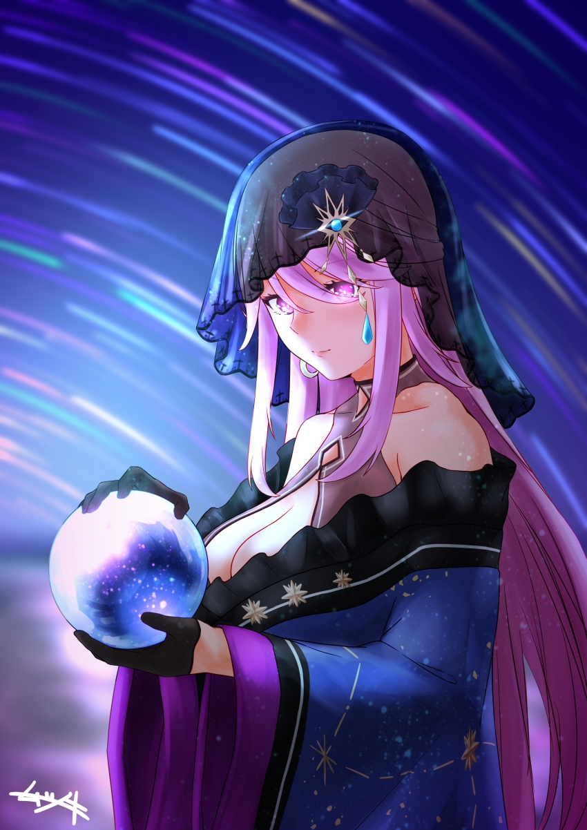 absurdres breasts cleavage commentary_request gloves heaven_burns_red highres holding holding_orb long_hair medium_breasts mutsuki_(mutsuki0110) orb pink_eyes pink_hair sakuraba_seira see-through_clothes see-through_veil veil
