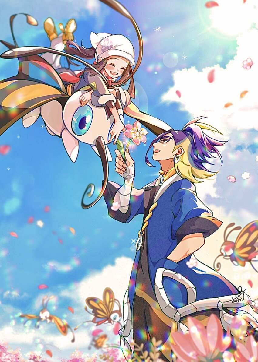 1boy 1girl adaman_(pokemon) akari_(pokemon) arm_wrap beautifly black_hair blue_coat blue_eyes blue_hair blue_sky blush brown_eyes bug butterfly butterfly_wings closed_eyes cloud coat cocoa_s3 eyebrow_cut flower flying galaxy_expedition_team_survey_corps_uniform gen_3_pokemon green_hair hand_in_pocket headscarf highres holding holding_flower insect insect_wings jacket jewelry long_hair loose_socks multicolored_hair nintendo open_mouth outdoors pantyhose pokemon pokemon_(creature) pokemon_legends:_arceus red_scarf riding riding_pokemon sash scarf shirt shoes sidelocks sky smile socks white_headscarf wings