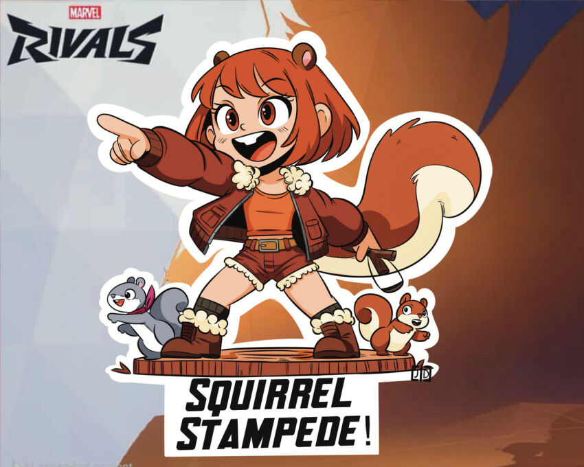 1girl animal animal_ears belt black_socks boots brown_belt brown_boots brown_eyes brown_hair brown_jacket brown_shirt brown_shorts buck_teeth chibi chibi_only clothed_animal collarbone commentary copyright_logo copyright_name english_commentary english_text eyelashes full_body holding_slingshot jacket jdofasgard logo long_sleeves marvel marvel_rivals merchandise_available open_clothes open_jacket open_mouth outline outstretched_arm pointing shirt short_hair shorts smile socks solo squirrel squirrel_ears squirrel_girl squirrel_girl_(marvel) squirrel_tail standing tail teeth upper_teeth_only white_outline