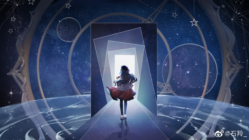 1girl analog_clock backlighting beret black_hair black_hat black_pantyhose cardigan chinese_commentary clock clock_hands commentary_request commission constellation door footprints frilled_skirt frills from_behind full_body hat heroine_(lovebrush_chronicles) highres light_particles long_hair looking_at_viewer lovebrush_chronicles medium_skirt mobile pantyhose path red_shoes red_skirt ripples road shadow shiling shoes skirt sky solo space star_(sky) star_(symbol) starry_sky surreal transparent walking water watermark wavy_hair weibo_watermark white_cardigan