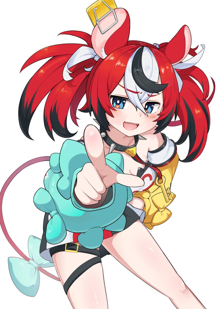 1girl absurdres animal_ear_fluff animal_ears asymmetrical_sleeves black_streaks blue_eyes blush bow breasts cheese choker cleavage collarbone commentary detached_sleeves food hakos_baelz hakos_baelz_(1st_costume) highres hololive hololive_english index_finger_raised key leaning_forward mouse_ears mouse_girl mouse_tail mousetrap multicolored_hair multicolored_skirt open_mouth pointing pointing_at_viewer red_hair sharp_teeth skirt snowmya spiked_choker spikes standing streaked_hair tail tail_bow tail_ornament teeth thigh_strap thighs twintails uneven_twintails v-shaped_eyebrows virtual_youtuber white_background white_streaks