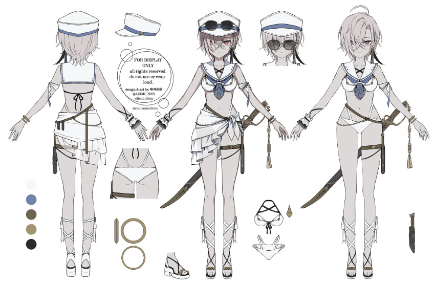 1girl ahoge armlet artist_name ass azimi_nnn back bare_arms bare_legs bikini black_feathers black_ribbon blue_necktie blue_pupils blue_ribbon borrowed_character bracelet breasts closed_mouth color_guide commentary_request commission commissioner_name criss-cross_halter cross-laced_sandals crossed_bangs curtained_hair dagger ear_chain earrings english_text expressionless eyewear_on_headwear feather_hair_ornament feathers flat_ass frilled_wrist_cuffs frills full_body hair_behind_ear hair_between_eyes hair_ornament hair_ribbon halterneck hat high_heel_sandals highres holster jewelry knife linked_piercing long_bangs looking_at_viewer low_block_heels medium_breasts multi-strapped_bikini_bottom multiple_bracelets multiple_views multiple_weapons navel necktie original panty_straps peaked_cap piercing pink_hair red_eyes reference_sheet ribbon sailor_bikini sailor_collar sailor_hat sandals sarong second-party_source see-through_clothes see-through_sarong sheath sheathed short_hair simple_background single_wrist_cuff skeb_commission stomach string_bikini stud_earrings sunglasses swimsuit sword sword_tassel tassel thigh_holster thigh_sheath thigh_strap toes upturned_eyes variant_set veit_(reinventedreiu) watermark weapon white_background white_bikini white_hat white_ribbon white_sailor_collar white_sandals white_sarong white_wrist_cuffs wrist_cuffs