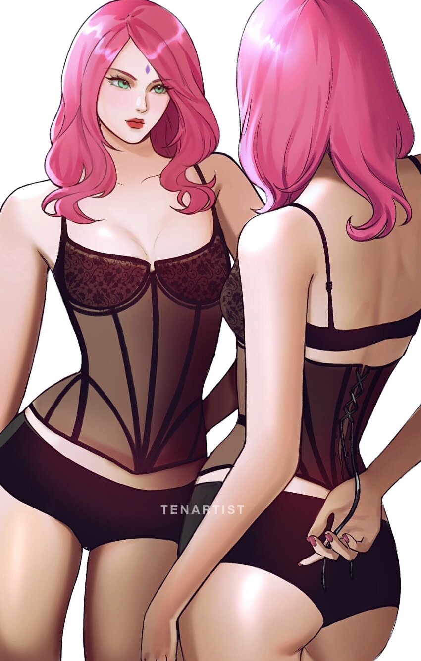 1girl alternate_costume alternate_hairstyle arm_behind_back artist_name ass back black_bra black_panties bra breasts clone closed_mouth commentary cowboy_shot english_commentary eyelashes facial_mark forehead_mark green_hair haruno_sakura highres lace lace-up_top lace_bra long_hair looking_at_another naruto_(series) panties pink_hair pink_nails red_lips see-through_clothes simple_background small_breasts tenartistt underbust underwear wavy_ends white_background