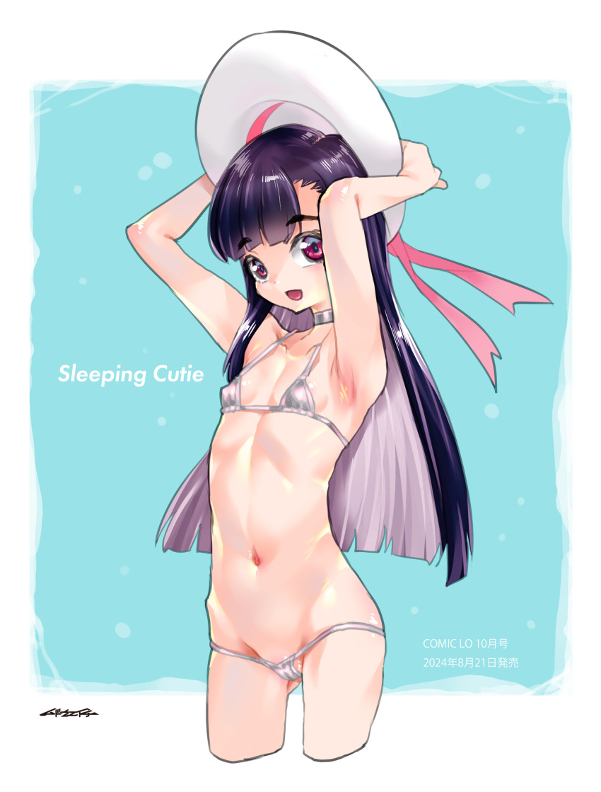 1girl bikini black_hair breasts choker comic_lo hat highres loli long_hair looking_at_viewer micro_bikini mudou_eichi navel open_mouth original red_eyes small_breasts smile solo swimsuit