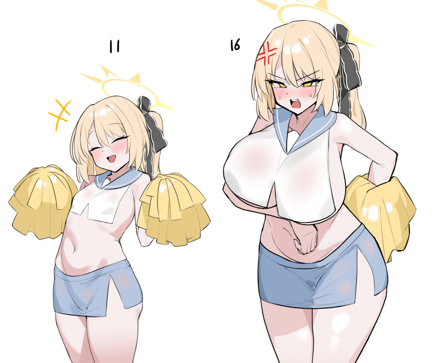 +++ 1girl :d absurdres age_progression alternate_costume anger_vein arm_behind_back arm_under_breasts bare_hips black_ribbon blonde_hair blue_archive blue_sailor_collar blue_skirt blush breast_curtain breasts character_age cheerleader closed_mouth commentary_request curvy flat_chest hair_intakes hair_ribbon half-closed_eyes halo highres huge_breasts ibuki_(blue_archive) jahe_(73732258) medium_breasts multiple_views navel open_mouth pom_pom_(cheerleading) ponytail ribbon sailor_collar side_slit sideless_outfit skirt smile sweatdrop thick_thighs thighs v-shaped_eyebrows yellow_eyes yellow_halo