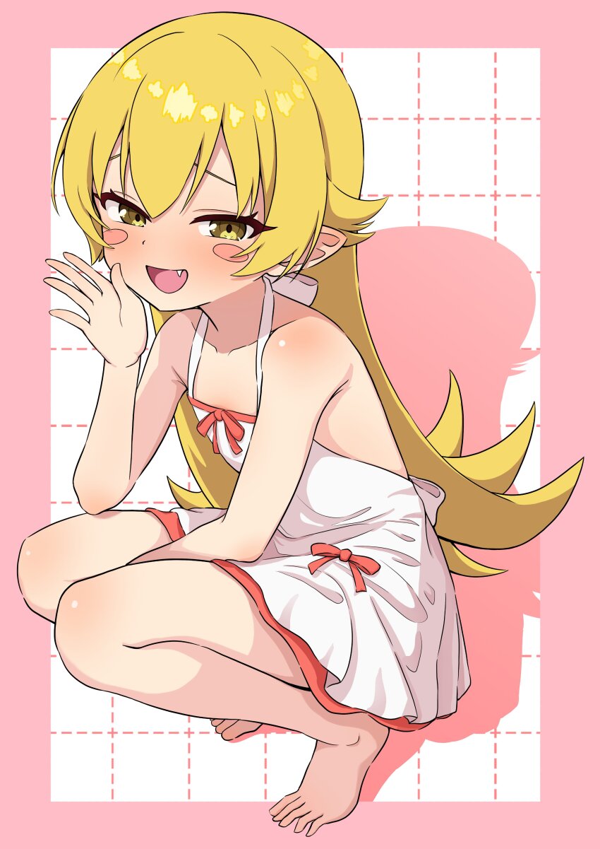 1girl absurdres blonde_hair blush_stickers commentary_request dress fang feet full_body furrowed_brow grid_background hair_flaps highres long_hair looking_at_viewer monogatari_(series) open_mouth oshino_shinobu outside_border pink_ribbon pointy_ears ribbon shadow solo squatting white_dress yellow_eyes yoshikirino