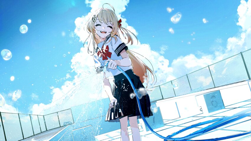 1girl absurdres ahoge alternate_costume beamed_eighth_notes black_sailor_collar black_skirt blonde_hair blue_sky bow bowtie closed_eyes cloud commentary_request cumulonimbus_cloud day eighth_note empty_pool fortissimo gradient_hair hair_ornament hair_ribbon hairclip head_tilt highres holding holding_hose hololive hololive_dev_is hose long_hair multicolored_hair musical_note musical_note_hair_ornament oekaki_taro official_art one_side_up open_mouth orange_hair otonose_kanade outdoors pleated_skirt pool red_bow red_bowtie red_ribbon ribbon sailor_collar school_uniform serafuku shirt short_sleeves sidelocks skirt skirt_hold sky smile solo standing swept_bangs teeth upper_teeth_only very_long_hair virtual_youtuber water white_shirt