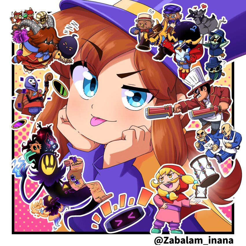 &gt;_&lt; 3girls 6+boys :d ? a_hat_in_time afro apron backpack badge_seller_(a_hat_in_time) bag bald bandana bandana_around_neck beak belt bird bird_nest black_bird black_crown black_facial_hair black_hair black_hat black_jacket black_pants black_shoes blonde_facial_hair blonde_hair blue_eyes blue_hat blue_jacket blue_necktie blue_pants blue_ribbon boots border bow bowtie brown_bag brown_belt brown_boots brown_hair brown_shoes brown_vest buttons cape cat caw_agent child clenched_hands closed_eyes closed_mouth coat collared_shirt comb commentary_request conductor_(a_hat_in_time) contract crow crown cryokinesis dj_grooves double-breasted dress dual_wielding english_text everyone facial_hair fewer_digits fire flaming_hand flying_sweatdrops fox_mask frown furrowed_brow ghost ghost_tail glasses green_eyes green_shoes grey_coat grey_eyes grey_hat grey_pants grey_ribbon hair_ornament hair_tie half-closed_eye hands_on_own_chin hat hat_kid hat_ribbon heart highres holding holding_megaphone holding_microphone holding_paper holding_staff holding_sword holding_weapon hood hood_up hooded_cape hourglass hug ice jacket long_sleeves looking_at_viewer mafia_(a_hat_in_time) mafia_boss_(a_hat_in_time) mask megaphone microphone minion_(a_hat_in_time) multiple_boys multiple_girls mustache mustache_girl necktie nomad_(a_hat_in_time) notice_lines open_mouth outline outside_border owl pants paper penguin photo_(object) pink_dress plaid_clothes plaid_hat plaid_shirt pointing_melee_weapon pointing_sword ponytail purple_belt purple_bow purple_bowtie purple_hat purple_hood purple_jacket purple_necktie purple_pants purple_shirt pyrokinesis queen_vanessa red_bandana red_bow red_bowtie red_cape red_hood red_jacket red_necktie red_ribbon red_shoes ribbon robotic_vacuum_cleaner rumbi_(a_hat_in_time) shirt shoes short_hair short_sleeves sidelocks sleeping small_sweatdrop smile snatcher_(a_hat_in_time) staff star-shaped_eyewear star_(symbol) striped_clothes striped_jacket striped_pants suit_jacket sunglasses sword tape teeth tongue tongue_out top_hat trench_coat twitter_username upper_teeth_only v-shaped_eyebrows vertical-striped_clothes vertical-striped_jacket vertical-striped_pants vest vintage_microphone weapon white_apron white_border white_outline white_shirt yellow_cape yellow_eyes yellow_ribbon zabalam_inana zzz