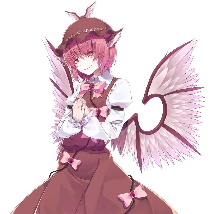 1girl animal_ear_piercing animal_ears bird_ears bird_wings bow bowtie brown_dress brown_eyes brown_hat closed_mouth collared_shirt commentary_request cowboy_shot crote dress dress_bow earrings feathered_wings frilled_sleeves frills half-closed_eyes hand_on_own_chest hands_up hat highres jewelry large_variant_set long_dress long_sleeves mob_cap mystia_lorelei pinafore_dress pink_bow pink_bowtie pink_hair red_eyes shirt short_hair single_earring sleeveless sleeveless_dress smile solo standing tachi-e touhou transparent_background variant_set white_shirt wings