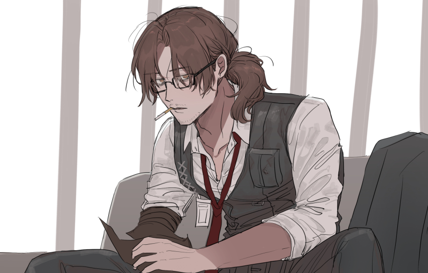 1boy absurdres arthropod_limbs bags_under_eyes beard_stubble belt black-framed_eyewear black-framed_glasses black_belt black_coat black_pants black_vest breast_pocket brown_eyes brown_hair buckle cigarette coat collarbone collared_shirt couch day dress_shirt expressionless facial_hair feet_out_of_frame from_side glasses gregor_(project_moon) hair_between_eyes hair_over_shoulder half-closed_eyes highres id_card indoors jitome limbus_company long_hair long_sleeves looking_at_viewer looking_to_the_side loose_necktie low_ponytail male_focus mouth_hold necktie on_couch own_hands_together pants parted_bangs parted_lips pocket ponytail project_moon red_necktie sanpaku semi-rimless_eyewear shirt sideways_glance sitting sleeves_pushed_up sleeves_rolled_up smoking solo stubble toned toned_male uibou00000 under-rim_eyewear unworn_coat upper_body vest white_background white_shirt window wing_collar