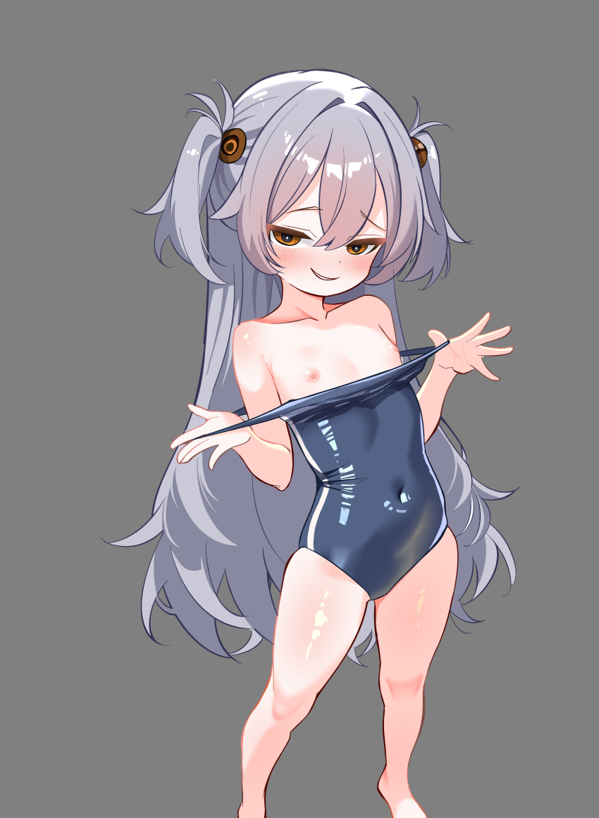 1girl absurdres bad_tag blue_archive blush clothes_pull covered_navel cunvaroy feet female_focus flat_chest grey_background grey_hair hair_ornament highres kanoe_(blue_archive) legs loli looking_at_viewer mesugaki nipples one-piece_swimsuit orange_eyes short_twintails smile smug solo standing swimsuit swimsuit_pull thighs twintails