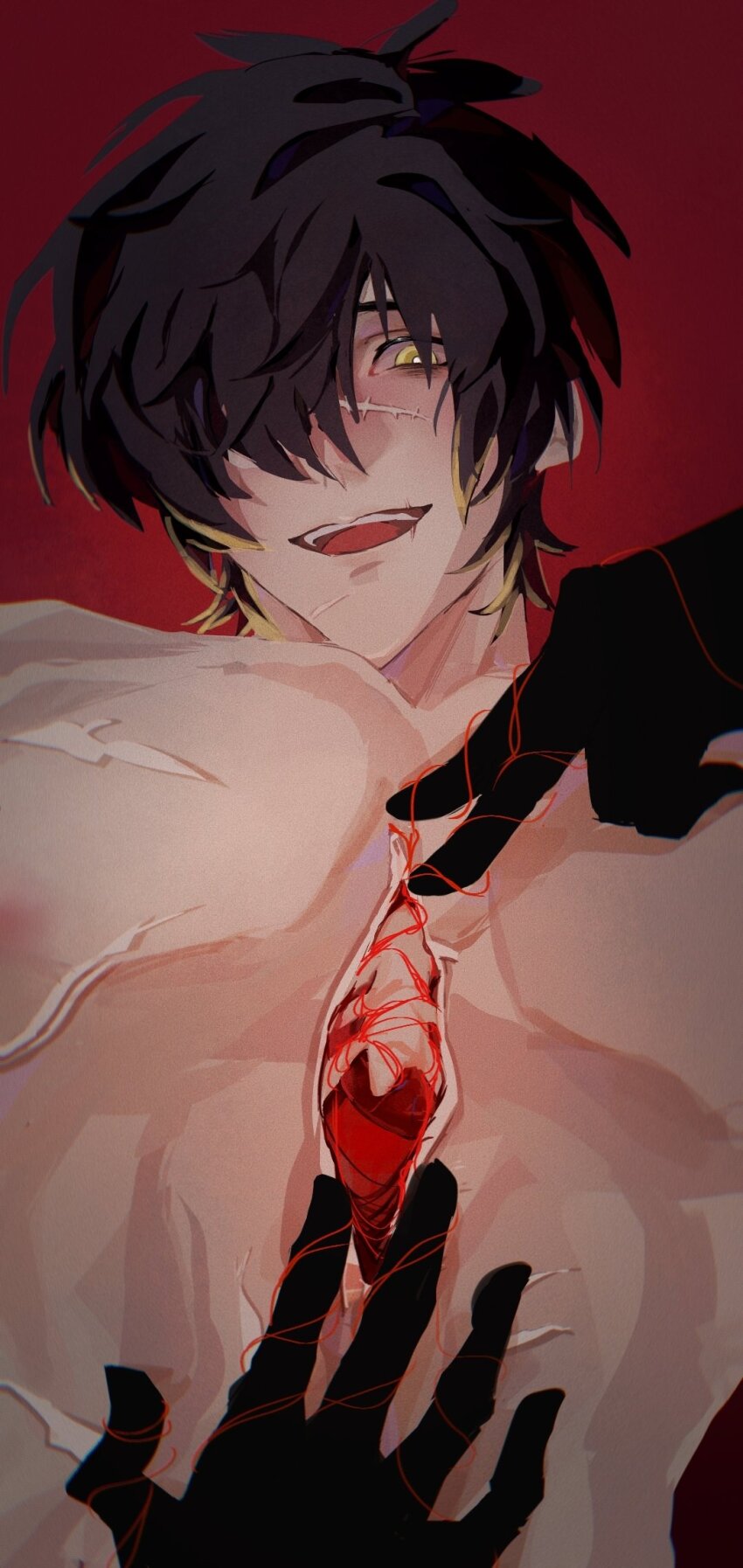1boy black_gloves black_hair exposed_bone exposed_muscle gloves hair_over_one_eye highres hole_in_chest hole_on_body male_focus no_shirt open_mouth pectorals puppet_strings scar scar_on_chest scar_on_face self-harm short_hair slow_damage solo stomach string string_of_fate towa_(slow_damage) upper_body yellow_eyes youyi494050