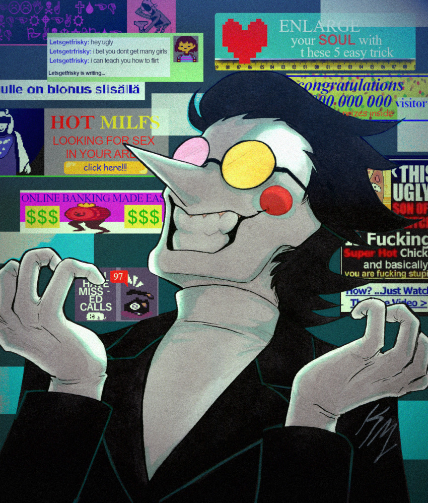 1boy ad annoying_dog black_hair black_jacket burgerpants c._round censored censored_identity commentary deltarune english_commentary english_text frisk_(undertale) hands_up heterochromatic_eyewear highres jacket kinkmom long_nose male_focus open_mouth pointy_nose round_eyewear shirt smile solo spamton_g._spamton teeth tinted_eyewear toriel turtleneck turtleneck_shirt undertale upper_body utdr_(toby_fox) white_shirt