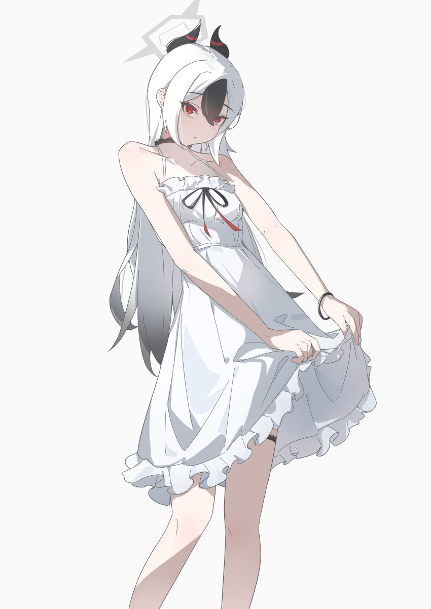 1girl absurdres black_choker black_hair black_horns blue_archive breasts choker collarbone demon_horns dress frilled_dress frills grey_halo hair_between_eyes halo highres horns kayoko_(blue_archive) long_hair multicolored_hair red_eyes simple_background skirt_hold sleeveless sleeveless_dress small_breasts solo thigh_strap two-tone_hair white_background white_dress white_hair x_am