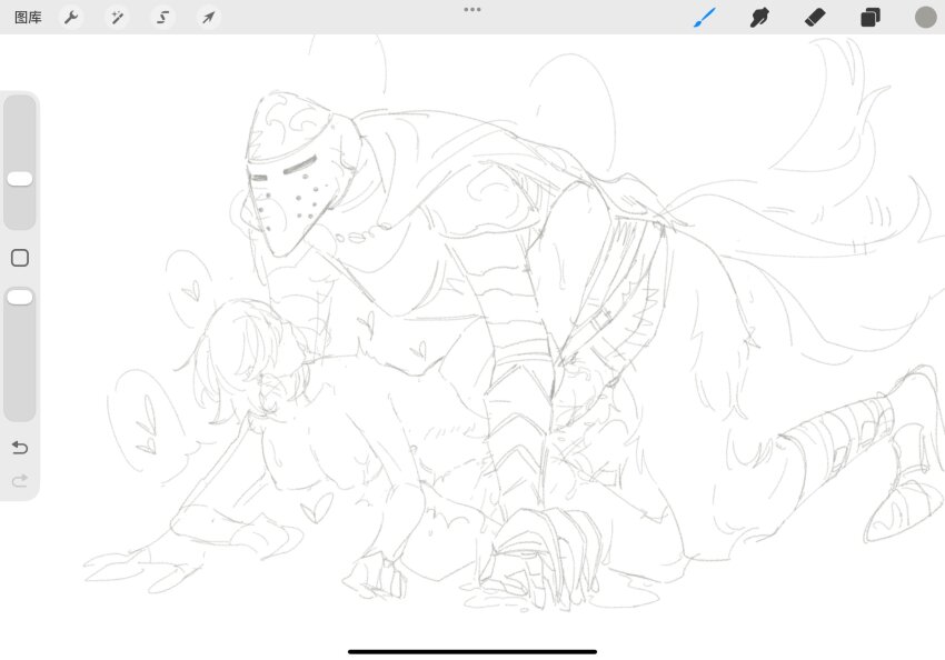 1girl bloodhound_knight clothed_male_nude_female commentary elden_ring fromsoftware highres knight monochrome nude sex sex_from_behind sketch symbol-only_commentary tail tail_wagging ya_la16638