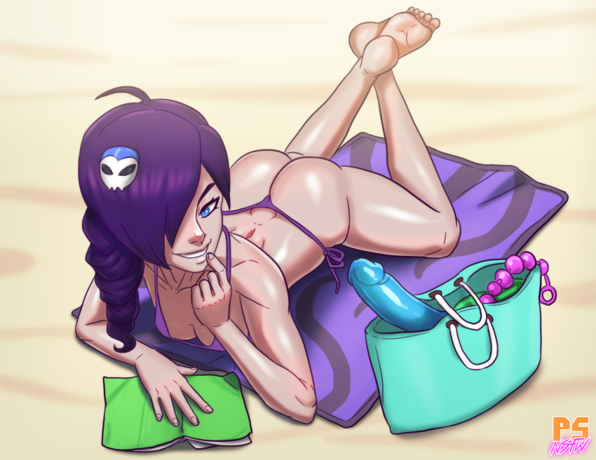 1girl absurdres anal_beads ass asymmetrical_hair back bad_id bad_pixiv_id bag barefoot beach beach_towel bikini blue_eyes borrowed_character breasts dildo drill_hair feet female_focus finger_to_mouth g-string hair_over_one_eye handbag highres long_hair lying naughty_face nose on_stomach original panties ponpu_(pumpkinsinclair) purple_bikini purple_hair sex_toy side-tie_bikini_bottom small_breasts soles solo swimsuit the_pose thong thong_bikini toes towel underwear zone-tan