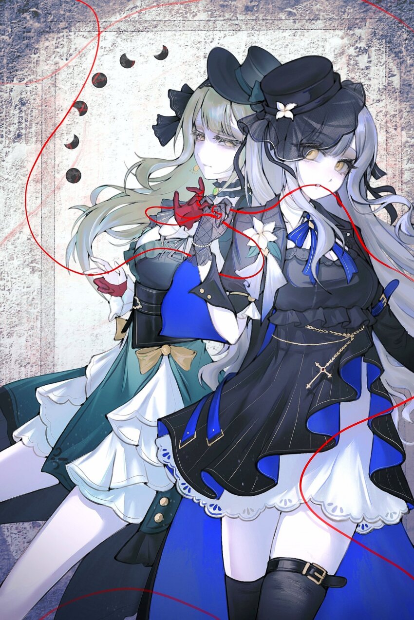 2girls bang_dream! bang_dream!_it's_mygo!!!!! black_corset black_gloves black_hat black_thighhighs blue_hair breasts commentary corset earrings gloves green_hair hashtag-only_commentary hat highres jewelry long_hair medium_breasts multiple_girls open_mouth pinky_swear red_gloves shoushud sidelocks skirt string string_of_fate thighhighs togawa_sakiko wakaba_mutsumi white_skirt yellow_eyes