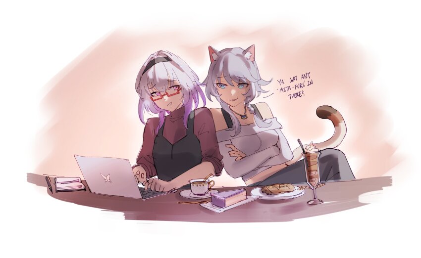 2girls absurdres alternate_costume animal_ear_fluff animal_ears aragiken blue_eyes bread cake cake_slice castorice_(honkai:_star_rail) cat_ears cat_girl cat_tail cipher_(honkai:_star_rail) commentary computer crossed_arms cup english_commentary english_text food headband highres honkai:_star_rail honkai_(series) jewelry laptop leaning_on_person multicolored_hair multiple_girls necklace off_shoulder pants purple_eyes streaked_hair tail turtleneck white_background