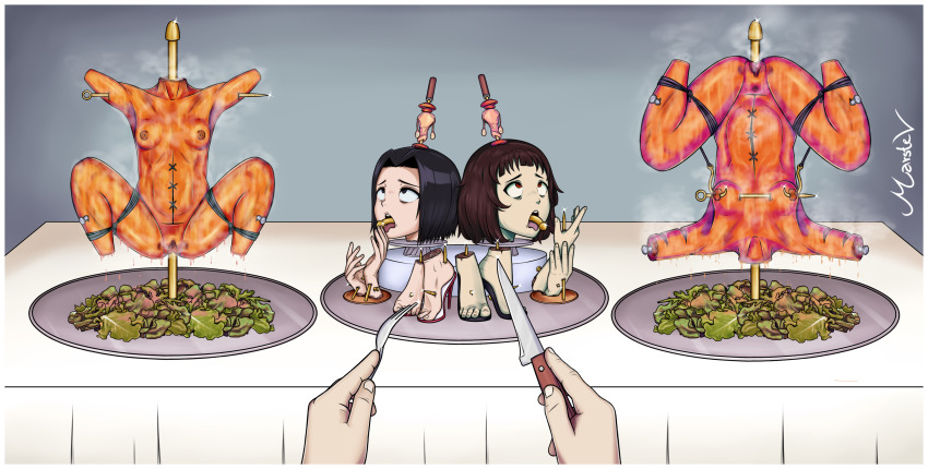 2girls all_the_way_through black_eyes black_hair bleach bound bound_legs breasts brown_hair cannibalism completely_nude corpse crossover death decapitation disembowelment dismemberment dripping eyebags feet food fork guro gynophagia impaled knife kurosaki_karin leaf loli marstev milk-chan_(milk_series) milk_inside_a_bag_of_milk_inside_a_bag_of_milk multiple_girls nipples nude object_insertion plate pov pussy red_eyes removed_womb restrained rolling_eyes severed_arm severed_feet severed_hand severed_limb short_hair simple_background small_breasts spread_legs steam steaming_body stitches table tongue tongue_out trophy trophy_head uncensored upside-down vegetable watermark