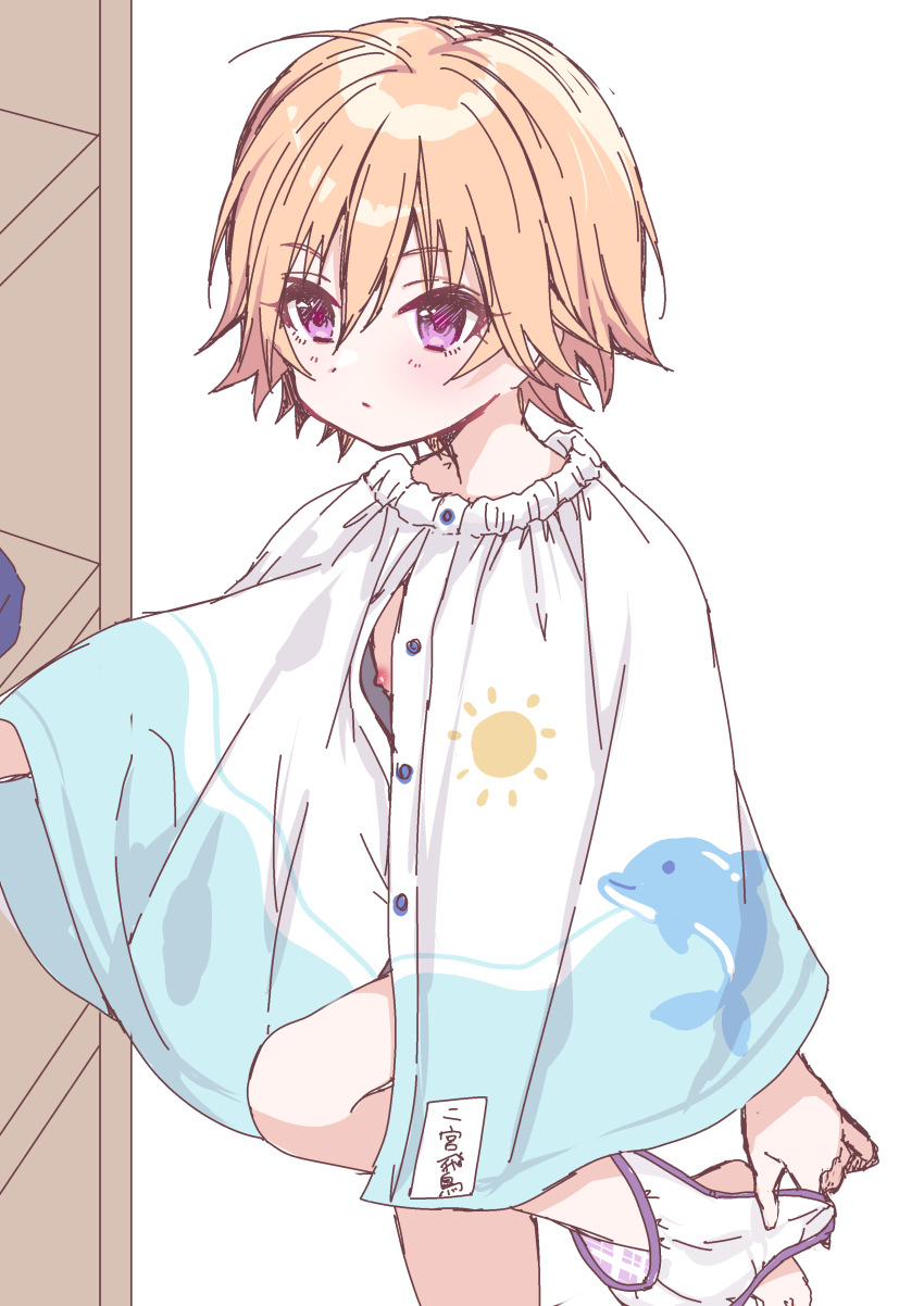 1girl absurdres aged_down ahoge barefoot blue_capelet buttons capelet closed_mouth cowboy_shot dolphin_print double-parted_bangs expressionless flat_chest hair_between_eyes highres idolmaster idolmaster_cinderella_girls loli looking_ahead ninomiya_asuka nipples nuno_kire orange_hair panties panties_around_ankles panty_pull partially_unbuttoned purple_eyes purple_trim shelf short_hair simple_background solo sun_print translation_request tsurime underwear undressing white_background white_capelet white_panties