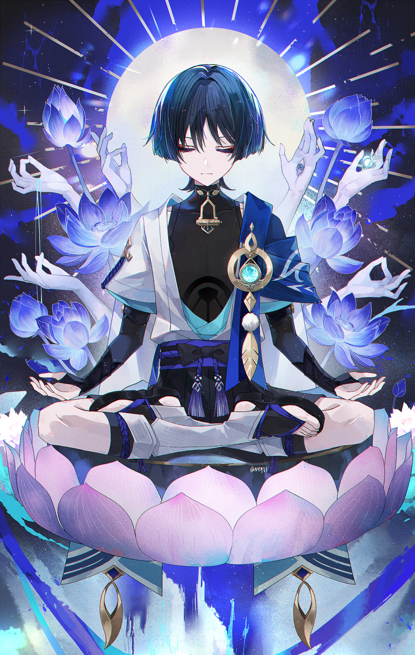1boy anemo_symbol_(genshin_impact) aqua_gem armor black_bodysuit black_bow black_bridal_gauntlets black_sandals black_shorts blue_cape blue_kimono blue_sleeves blunt_ends bodysuit bow bridal_gauntlets bud buddhism cape closed_eyes closed_mouth commentary_request core covered_collarbone extra_arms eyelashes eyeliner facing_viewer feathers flower full_body furisode gem genshin_impact gold hakama hakama_shorts halo halo_behind_head hand_eye highres japanese_armor japanese_clothes juban kimono kote kurokote layered_sleeves leg_warmers lotus lotus_position makeup male_focus mudra neyti_(neytirv) open_clothes open_hands open_kimono plant pleated_shorts pom_pom_(clothes) purple_background purple_rope purple_sash red_eyeliner rope sandals sash scaramouche_(genshin_impact) short_sleeves shorts shoulder_peek sitting solo straight-on string tassel toenails toes turtleneck turtleneck_bodysuit twitter_username vision_(genshin_impact) wanderer_(genshin_impact) white_halo white_kimono white_leg_warmers white_sleeves white_trim wispy_bangs yellow_feathers zouri