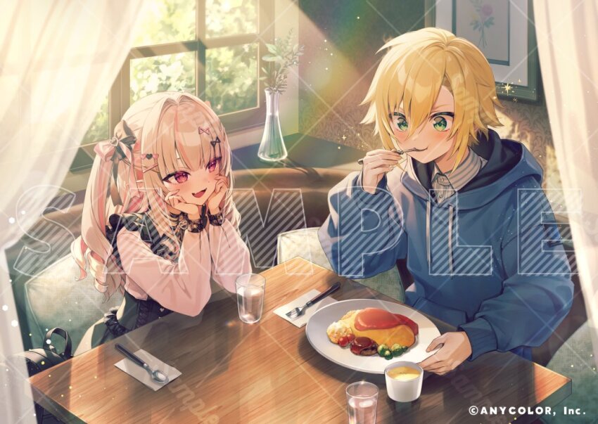 1boy 1girl :d :t bag black_bow black_bowtie black_dress blonde_hair blue_hoodie blunt_bangs bow bowtie broccoli chair collared_shirt copyright_notice cup curtains cushion day dress drinking_glass eating flipped_hair food hair_between_eyes hair_ornament hamburger_steak hands_on_own_cheeks hands_on_own_face head_rest heart heart_hair_ornament holding holding_spoon hood hood_down hoodie ketchup light_blush light_particles long_hair long_sleeves looking_at_another looking_at_food makaino_ririmu multicolored_hair napkin nijisanji nokachoco114 official_art omelet omurice open_mouth painting_(object) pinafore_dress pink_bow pink_hair plant plate red_eyes ringlets sample_watermark shirt sidelocks sitting sleeveless sleeveless_dress smile soup spoon streaked_hair striped_clothes striped_shirt sunlight table two-tone_bow two_side_up upper_body uzuki_kou vase virtual_youtuber water watermark white_hair white_shirt window wooden_table x_hair_ornament