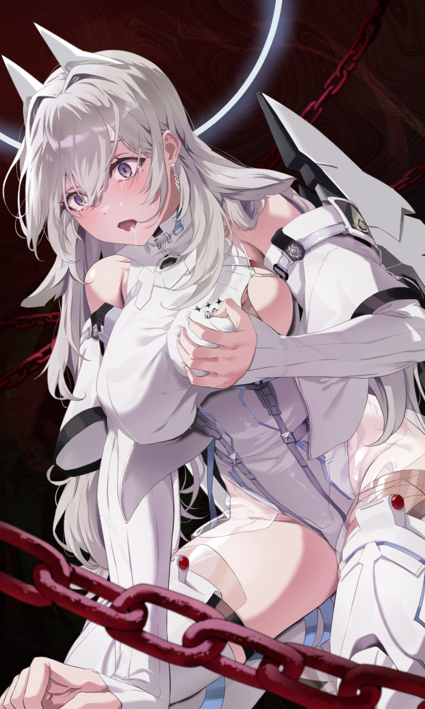 1girl arm_support bare_shoulders breasts capelet chain chaos_zero_nightmare commentary detached_sleeves earrings grabbing_own_breast grey_hair hair_between_eyes hair_intakes halo halter_leotard halterneck highres horns jewelry kneeling kuu_(user_gngs5284) large_breasts leotard long_hair mechanical_horns mechanical_wings mole mole_under_eye open_mouth purple_eyes saliva sereniel_(chaos_zero_nightmare) sideboob sidelocks solo tears thighhighs traumatized white_capelet white_leotard white_sleeves white_thighhighs wings zipper