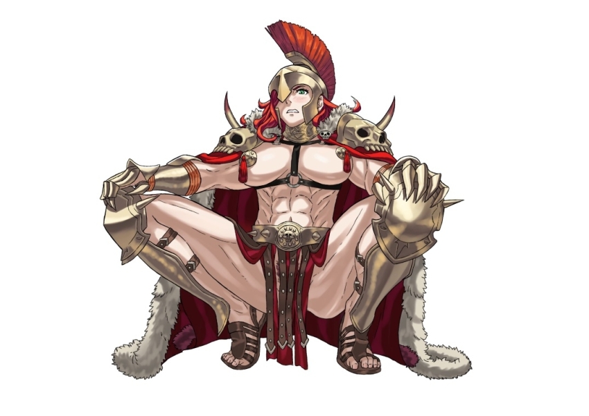1girl abs armor ass belt blush bottomless breasts cape chest_harness cingulum_militare clawed_gauntlets commentary couter english_commentary eyelashes fur-trimmed_cape fur-trimmed_waist_cape fur_collar fur_trim furrowed_brow gauntlets gladiator_sandals gold_armor gold_belt gold_gauntlets gold_greaves gold_helmet gold_vambraces gorget greaves green_eyes hair_over_one_eye hands_on_own_knees harness helmet knee_guards kozaki_yuusuke_(style) large_breasts long_hair looking_at_viewer m_legs muscular muscular_arms muscular_female nipple_tassels no_bra no_panties original parted_lips pauldrons peacefulandflat plume poleyn pubic_hair pubic_hair_peek red_cape red_hair red_pubic_hair roman_armor sandals shoulder_armor skull_brooch skull_ornament skull_pauldron spiked_belt spiked_pauldrons spiked_poleyn spikes spread_legs squatting strap teeth toenails toes vambraces waist_cape wide_spread_legs