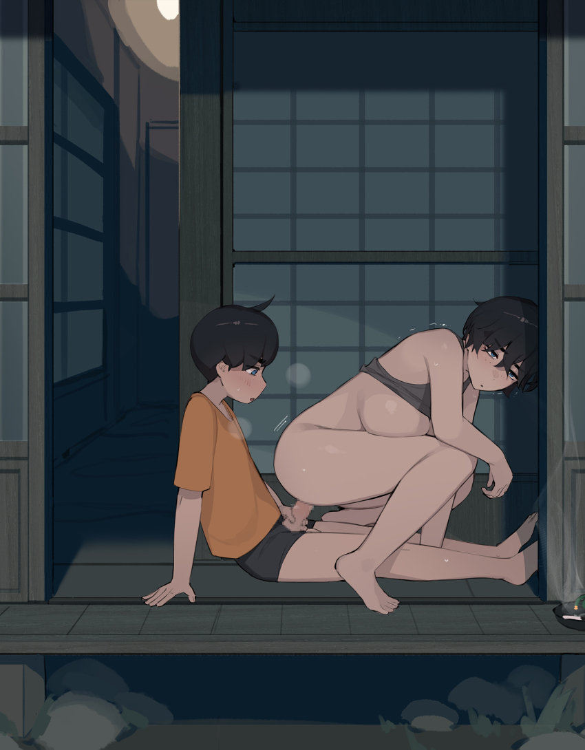 1boy 1girl age_difference akiyama_yuto_(pepper0) aunt_and_nephew black_hair blue_eyes breasts censored hetero highres incest large_breasts miyamoto_chihiro_(pepper0) mosaic_censoring onee-shota orange_shirt original penis pepper0 sex sex_from_behind shirt short_hair shota