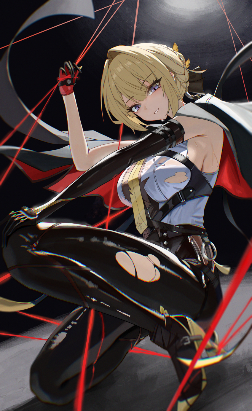1girl absurdres arm_up asymmetrical_gloves black_background black_gloves blonde_hair boots braid breasts bun_with_braided_base chest_harness commentary criss-crossed_composition elbow_gloves evelyn_chevalier full_body gang_ryeol gloves hair_between_eyes hair_bun harness high_heel_boots high_heels highres holding jacket jacket_on_shoulders large_breasts latex_pants long_hair looking_at_viewer mismatched_gloves mole mole_under_eye necktie on_one_knee pants pantyhose parted_lips purple_eyes shirt sidelocks single_elbow_glove single_hair_intake sleeveless sleeveless_shirt solo string torn_clothes torn_pants torn_pantyhose torn_shirt two-sided_fabric two-sided_gloves two-sided_jacket white_shirt yellow_necktie zenless_zone_zero
