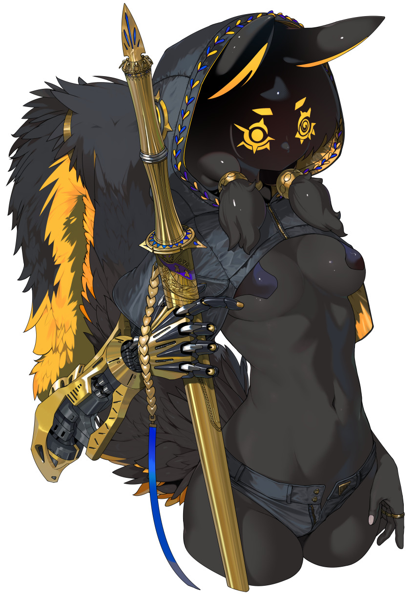 1girl absurdres animal_ears black_capelet black_hair black_skin breasts capelet colored_skin commentary_request faceless faceless_female highres holding holding_sword holding_weapon hood hood_up hooded_capelet jewelry medium_breasts navel original prosthesis prosthetic_arm revealing_clothes ring sheath sheathed short_shorts shorts solo sword tail weapon white_background yunimaru