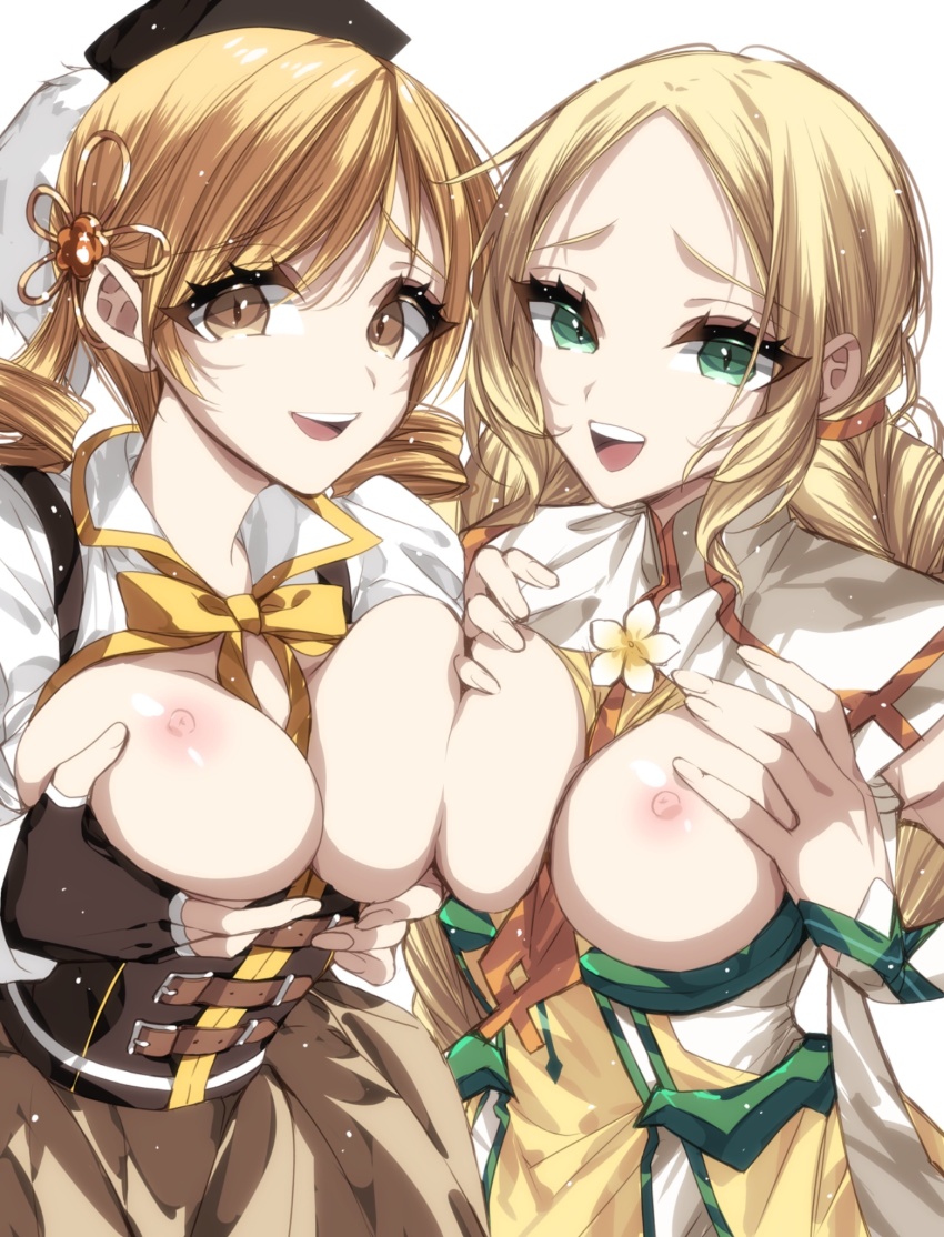 2girls black_hat blonde_hair breasts brown_dress character_request commission copyright_request corset dress drill_hair grabbing_own_breast green_eyes hashtag-only_commentary hat highres large_breasts long_hair looking_at_viewer mahou_shoujo_madoka_magica medium_hair misteor multiple_girls nipples open_mouth simple_background skeb_commission tomoe_mami tomoe_mami_(magical_girl) twin_drills very_long_hair white_background yellow_dress yellow_eyes